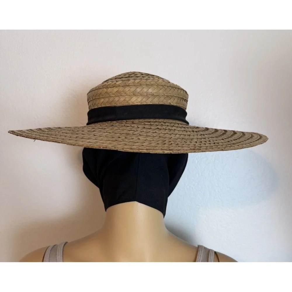 Vintage Straw Sun Hat Wide Brim Black Scarf Tie Garden Party Victorian Style 70s - Picture 5 of 9